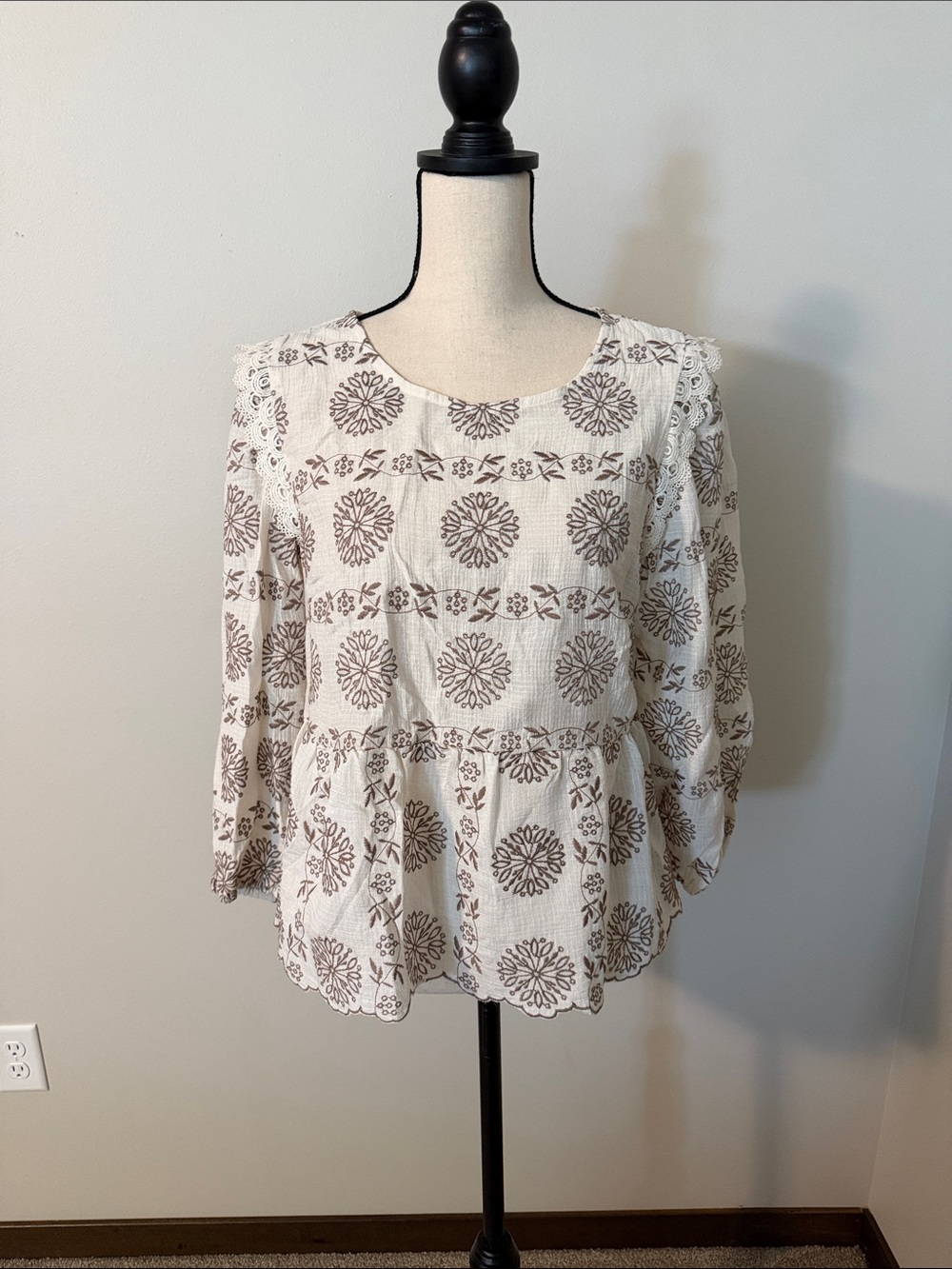Blu Pepper Ivory and Brown Embroidered Peplum Tunic